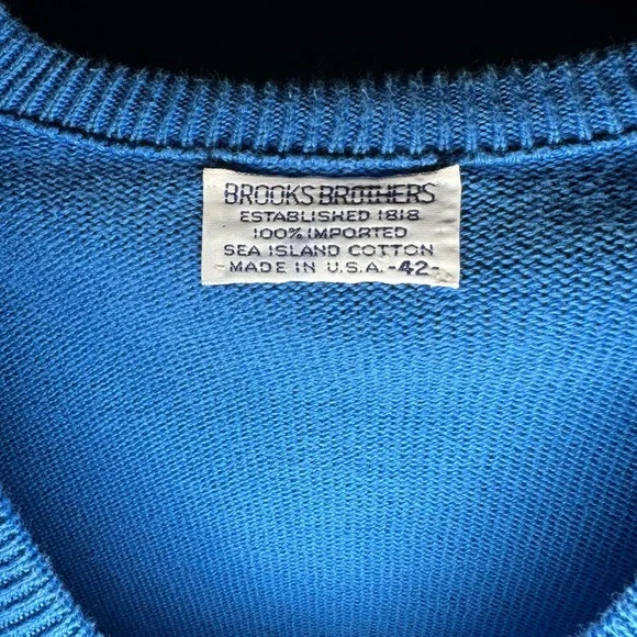 Vintage Brooks Brothers Sweater Men 42 XL Blue Sea Island Cotton V-Neck USA Made